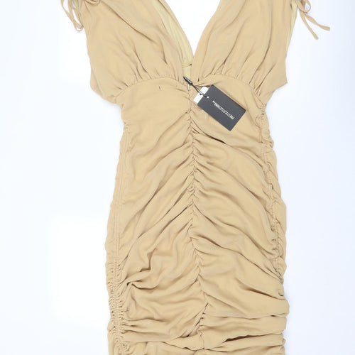 PRETTYLITTLETHING Womens Beige Polyester Bodycon Size 14 V-Neck Zip