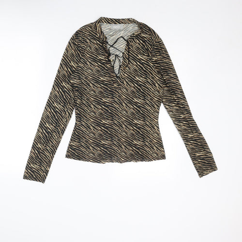 Wallis Womens Brown Animal Print Polyester Basic Blouse Size 10 V-Neck - Lace Up Detail