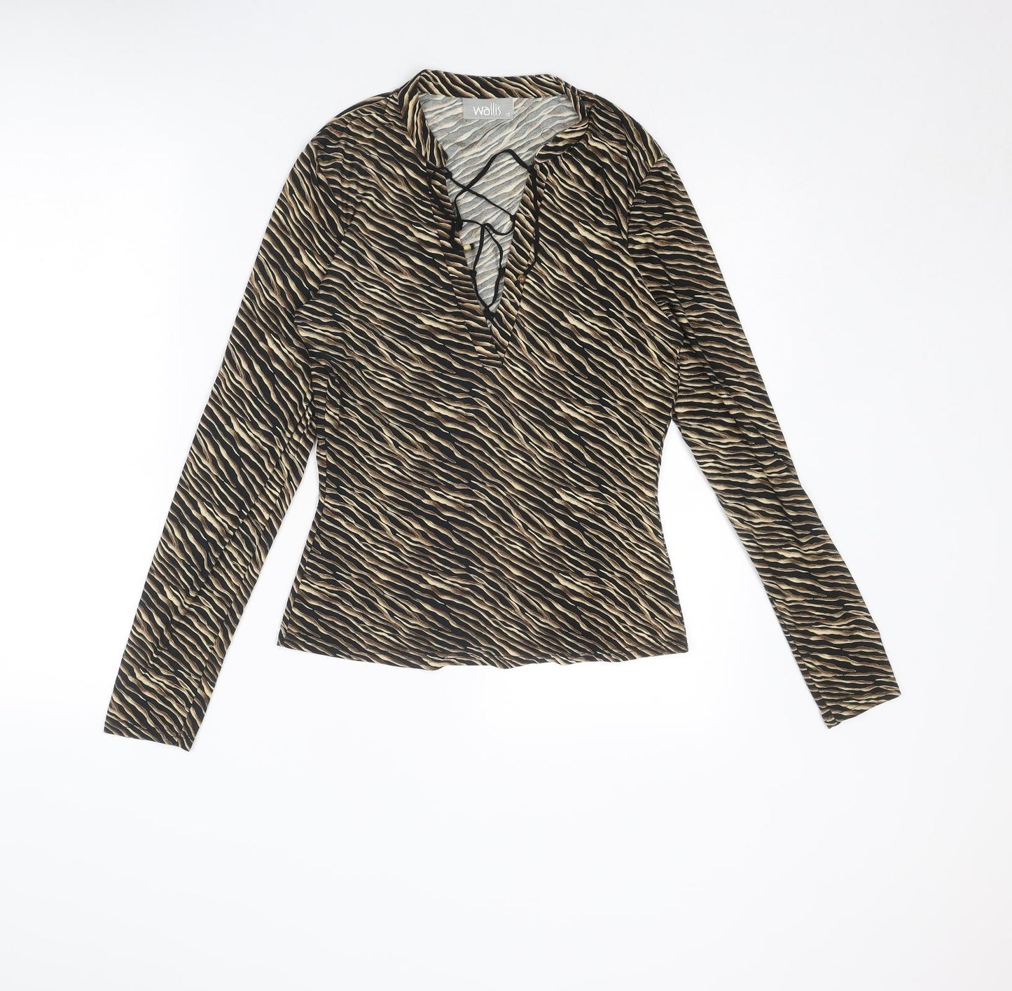 Wallis Womens Brown Animal Print Polyester Basic Blouse Size 10 V-Neck - Lace Up Detail