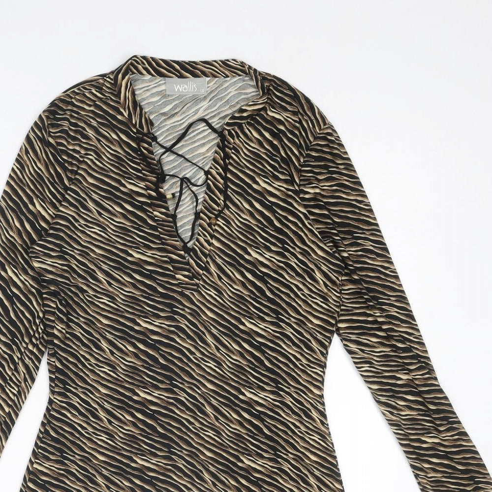 Wallis Womens Brown Animal Print Polyester Basic Blouse Size 10 V-Neck - Lace Up Detail