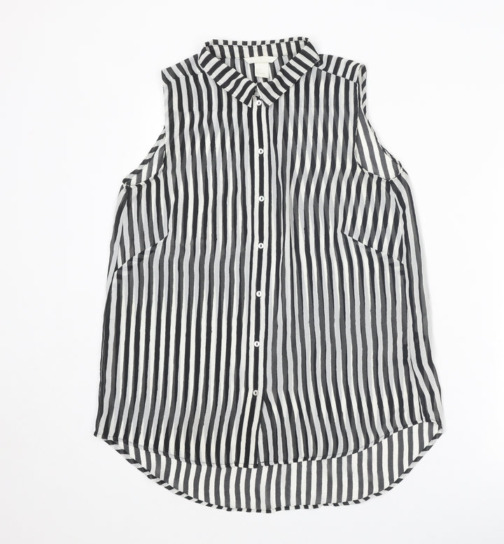 H&M Womens Black Striped Polyester Basic Button-Up Size 8 Collared