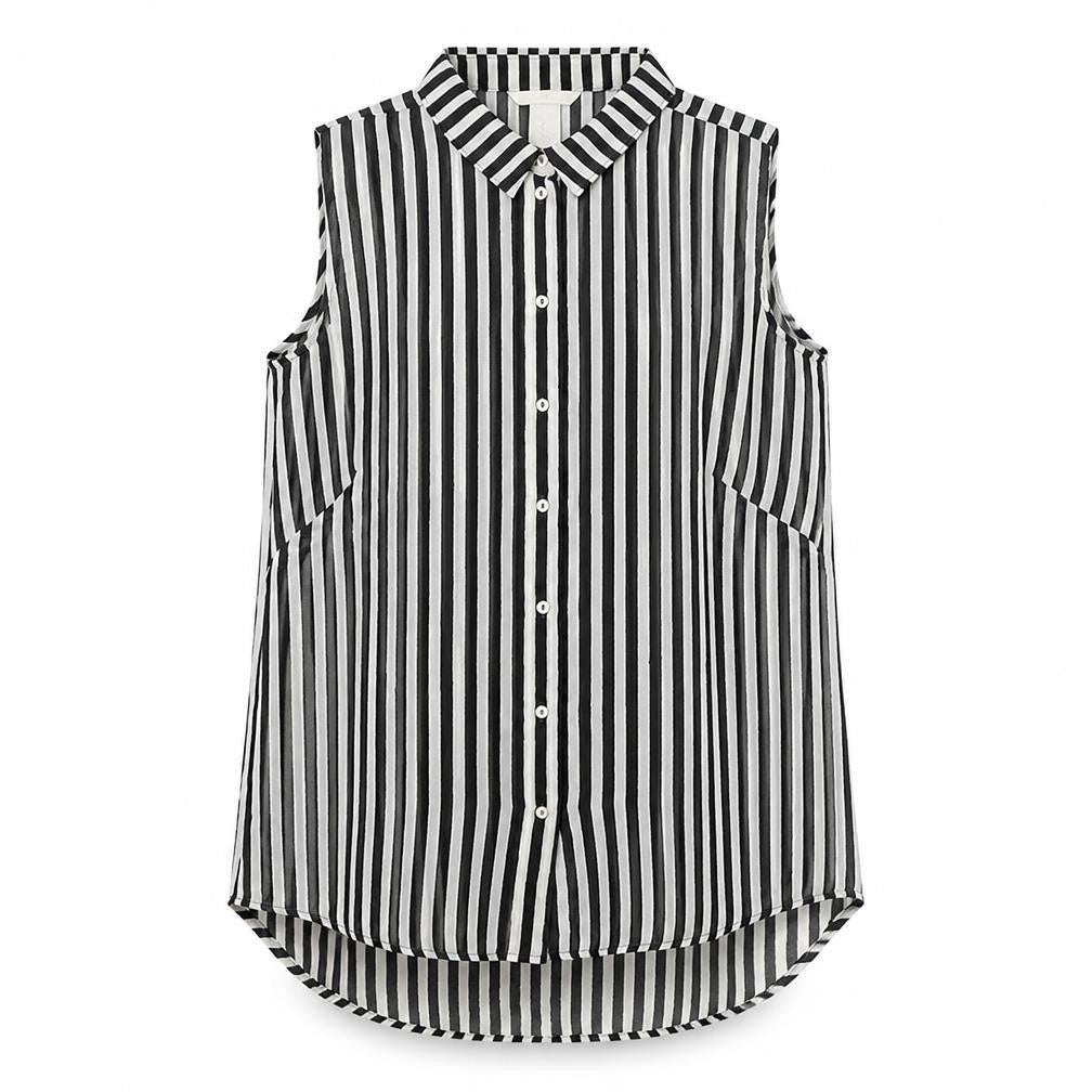 Front view of H&M women’s black striped polyester basic button-up, size UK 8, collared