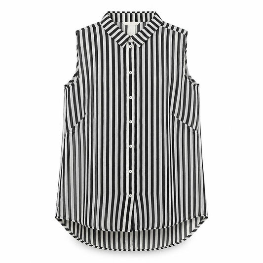 Front view of H&M women’s black striped polyester basic button-up, size UK 8, collared