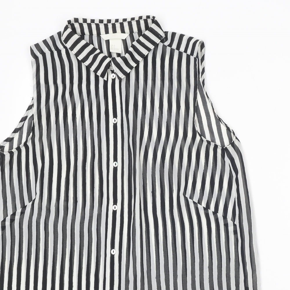 H&M Womens Black Striped Polyester Basic Button-Up Size 8 Collared