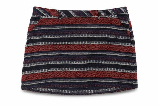 Front view of Indigo women’s multicoloured geometric polyester a-line skirt, size UK 20, zip