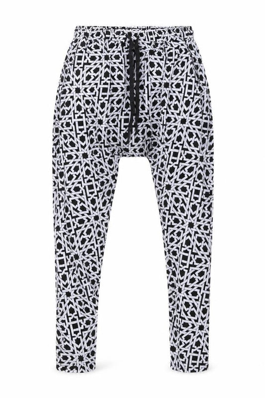 Front view of Fabric women’s black geometric polyester trousers, size UK 10, regular drawstring