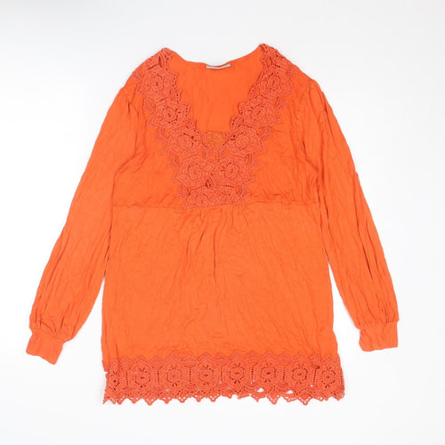 Wallis Womens Orange Viscose Tunic Blouse Size M V-Neck - Crocheted Lace Detail