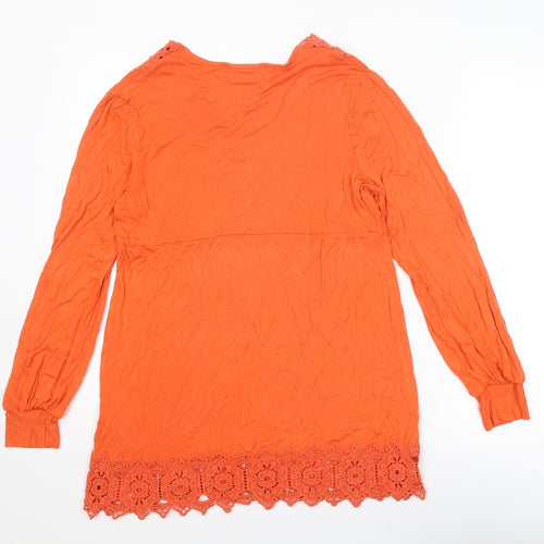 Wallis Womens Orange Viscose Tunic Blouse Size M V-Neck - Crocheted Lace Detail