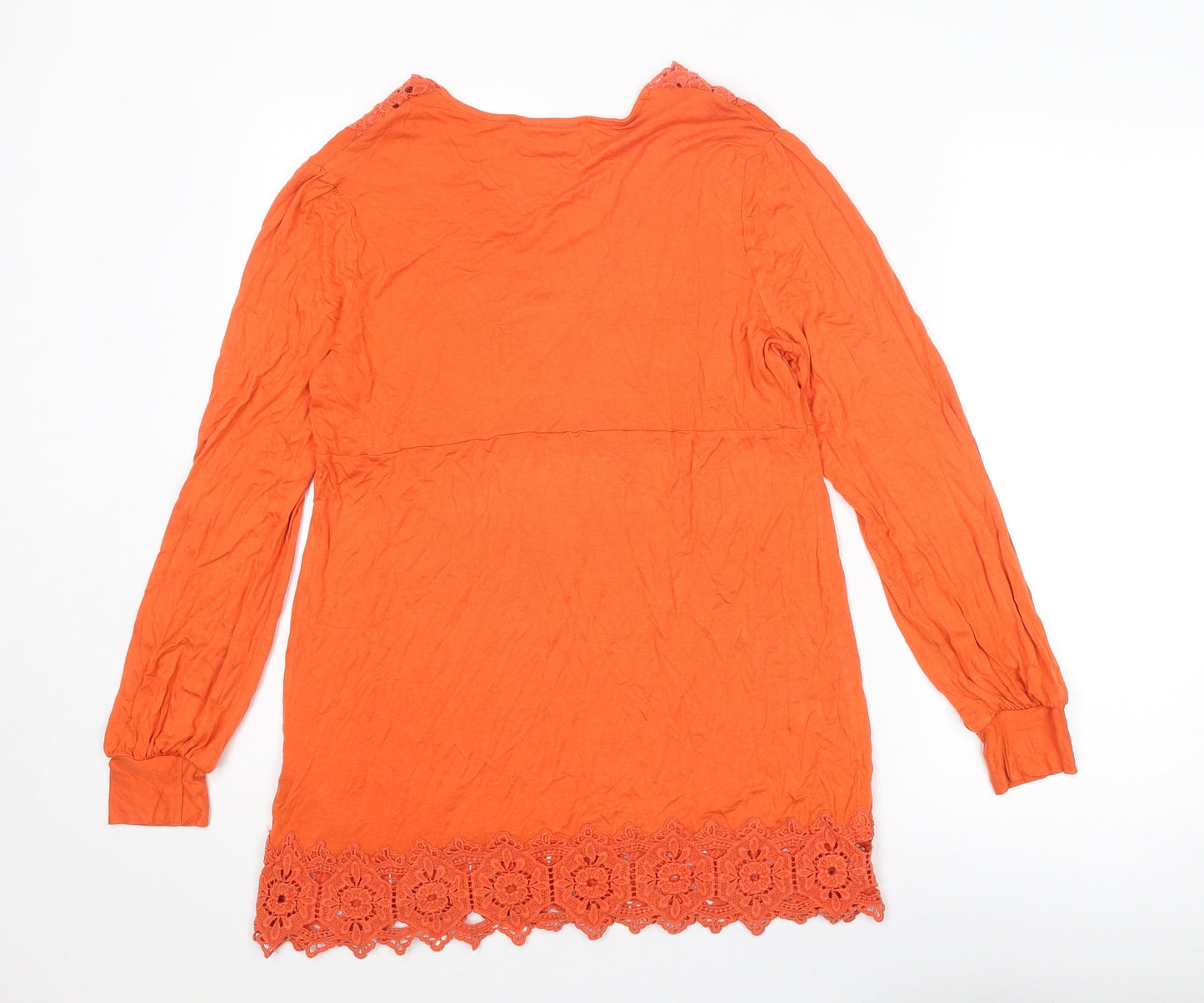 Wallis Womens Orange Viscose Tunic Blouse Size M V-Neck - Crocheted Lace Detail