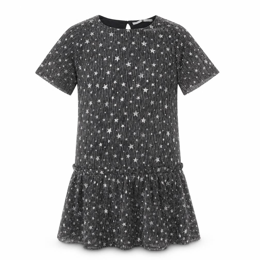 Front view of Very girls’ silver geometric polyester shift, size 13, years boat neck button - star print