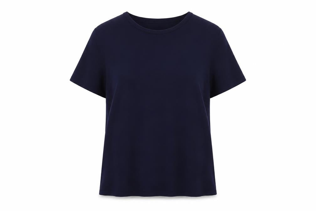Front view of Selected Femme women’s blue polyester basic t-shirt, size UK 8, round neck