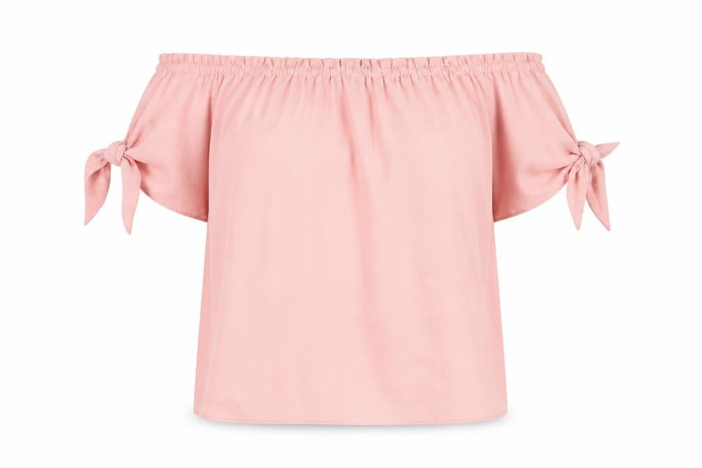Front view of Dorothy Perkins women’s pink polyester basic blouse, size UK 8, off the shoulder