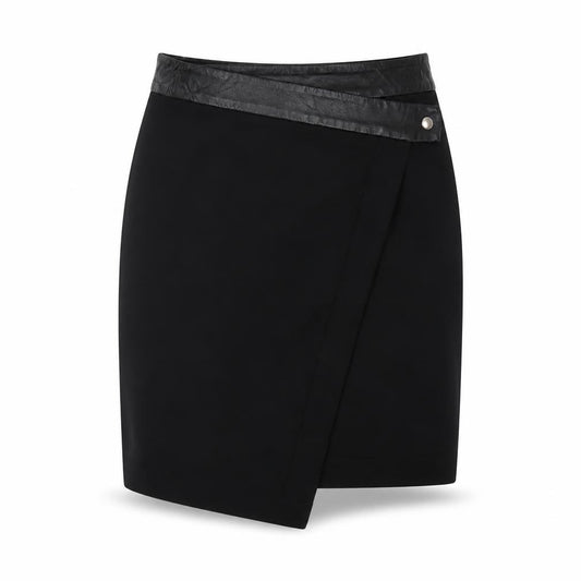 Front view of H&M women’s black polyester a-line skirt, size UK 6, snap
