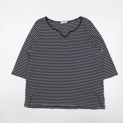 Marks and Spencer Womens Blue Striped Cotton Basic T-Shirt Size 18 V-Neck