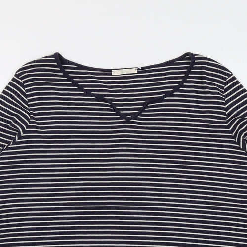 Marks and Spencer Womens Blue Striped Cotton Basic T-Shirt Size 18 V-Neck