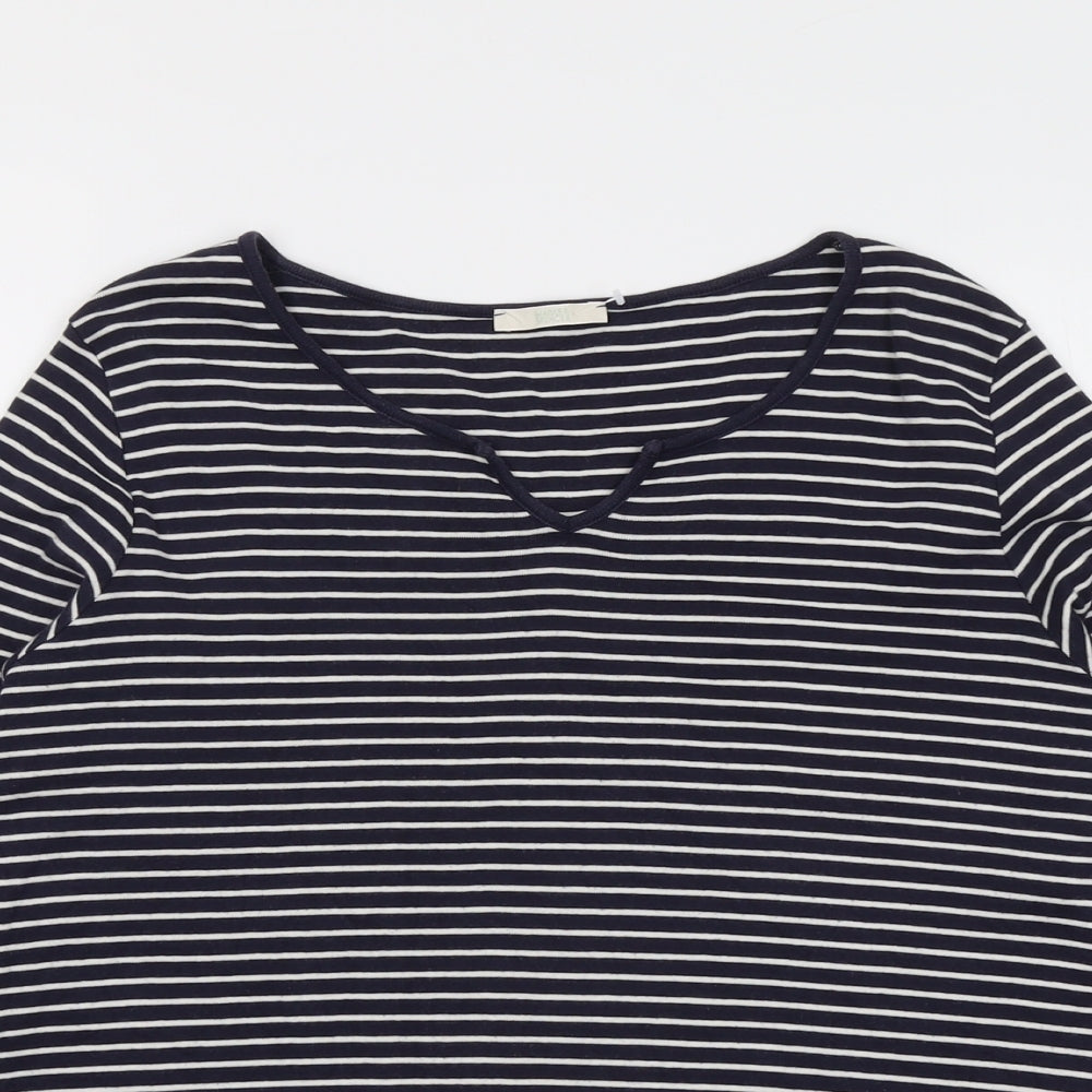 Marks and Spencer Womens Blue Striped Cotton Basic T-Shirt Size 18 V-Neck
