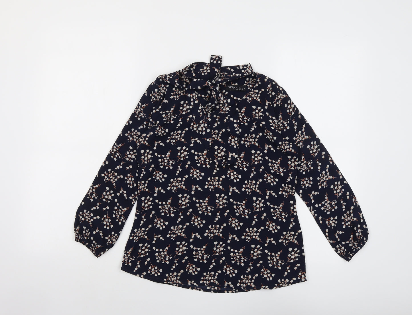 Popsoda Womens Blue Geometric Polyester Basic Blouse Size 8 Round Neck