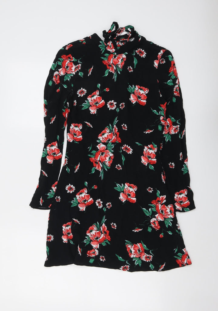 ASOS Womens Black Floral Viscose A-Line Size 8 Round Neck Zip