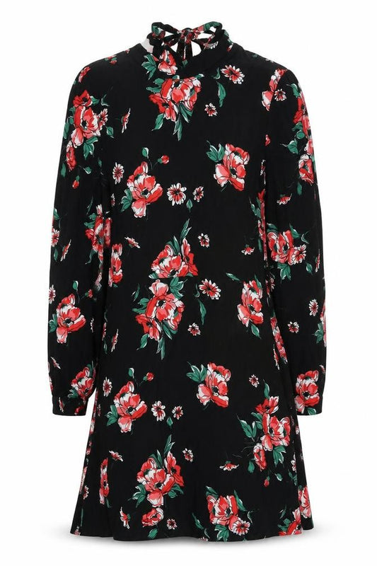 Front view of ASOS women’s black floral viscose a-line, size UK 8, round neck zip