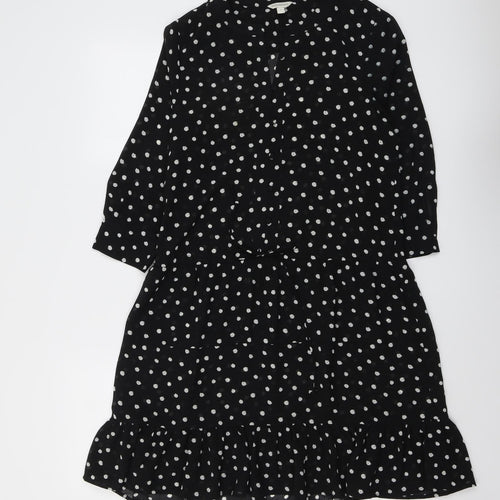 Monsoon Womens Black Polka Dot Polyester A-Line Size S Round Neck Button