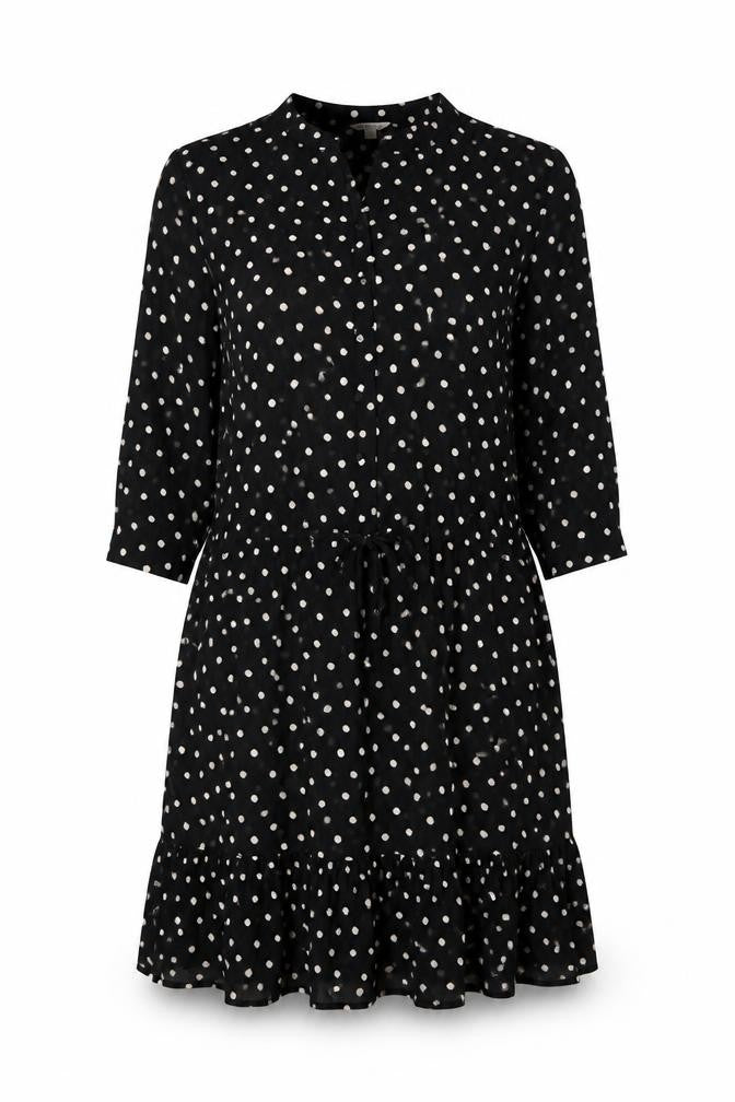Front view of Monsoon women’s black polka dot polyester a-line, size S, round neck button
