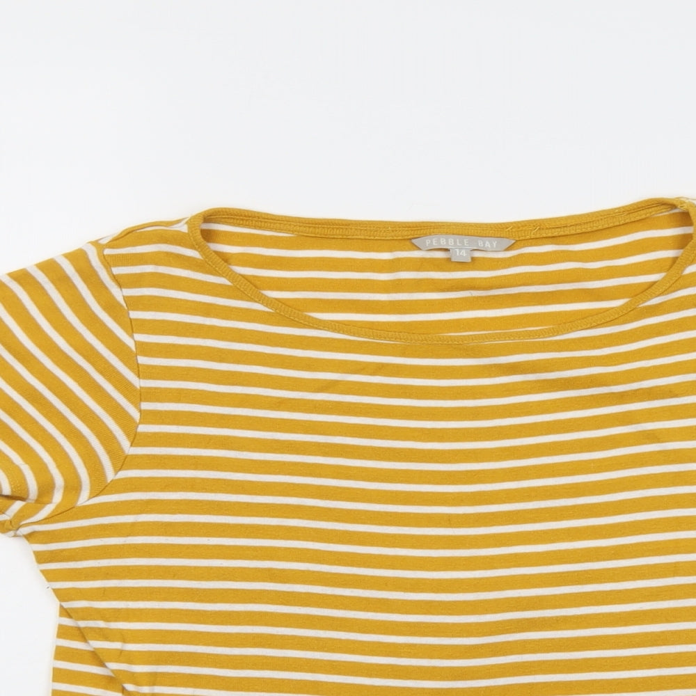 PEBBLE BAY Womens Yellow Striped Cotton Basic T-Shirt Size 14 Boat Neck
