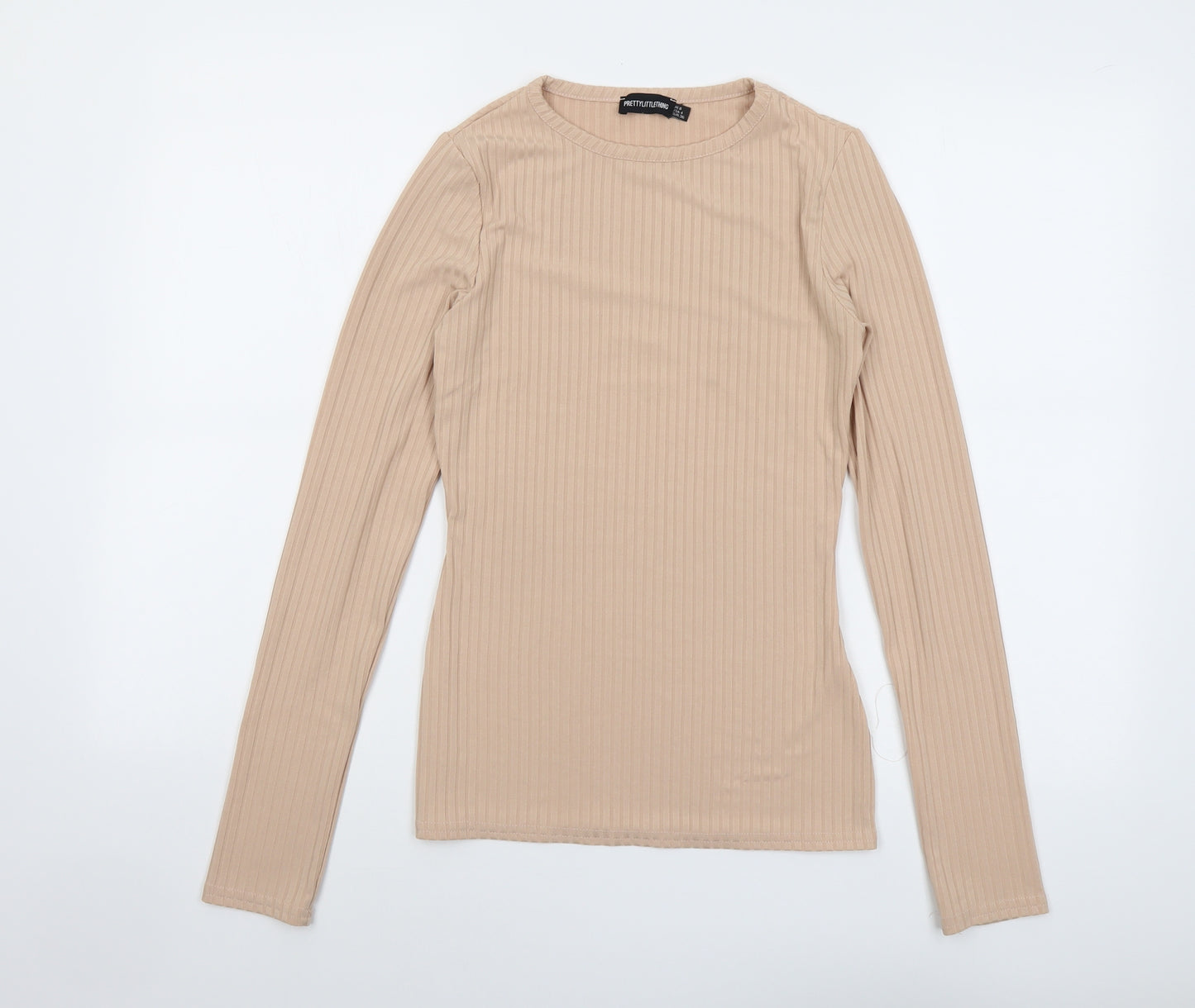 PRETTYLITTLETHING Womens Beige Polyester Basic T-Shirt Size 8 Round Neck - Ribbed