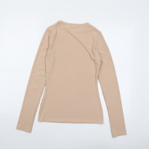 PRETTYLITTLETHING Womens Beige Polyester Basic T-Shirt Size 8 Round Neck - Ribbed