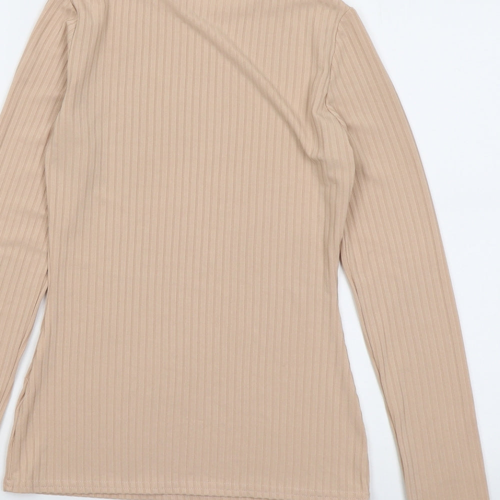 PRETTYLITTLETHING Womens Beige Polyester Basic T-Shirt Size 8 Round Neck - Ribbed