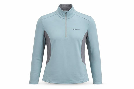 Front view of Quechua women’s blue colourblock polyester pullover sweatshirt, size L, zip