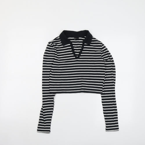 VERO MODA Womens Black Striped Cotton Cropped T-Shirt Size XS Collared