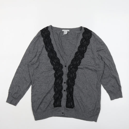 H&M Womens Grey V-Neck Modal Cardigan Jumper Size M - Lace Trim