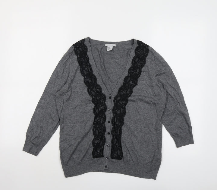 H&M Womens Grey V-Neck Modal Cardigan Jumper Size M - Lace Trim