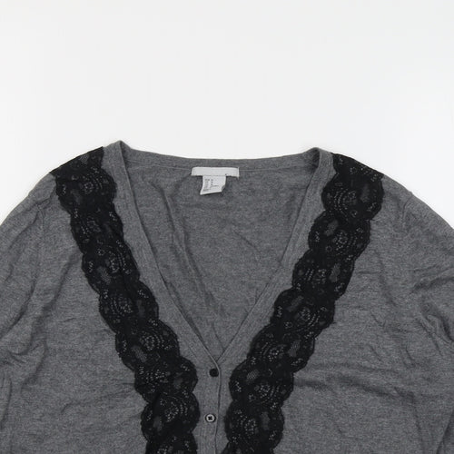 H&M Womens Grey V-Neck Modal Cardigan Jumper Size M - Lace Trim
