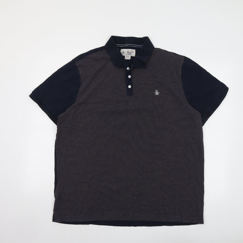 Penguin Mens Blue Colourblock Cotton Polo Size 2XL Collared Button