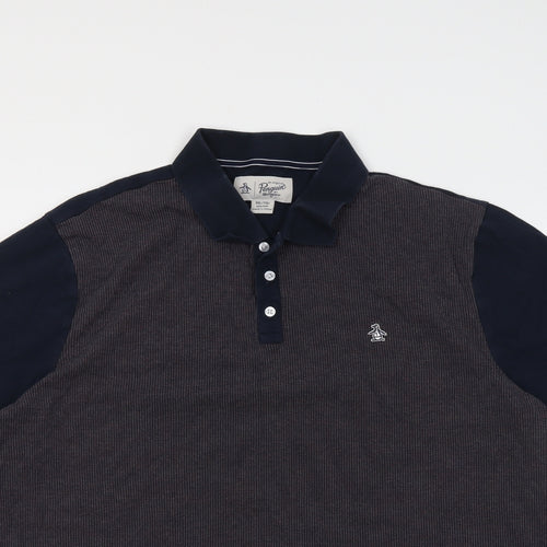 Penguin Mens Blue Colourblock Cotton Polo Size 2XL Collared Button