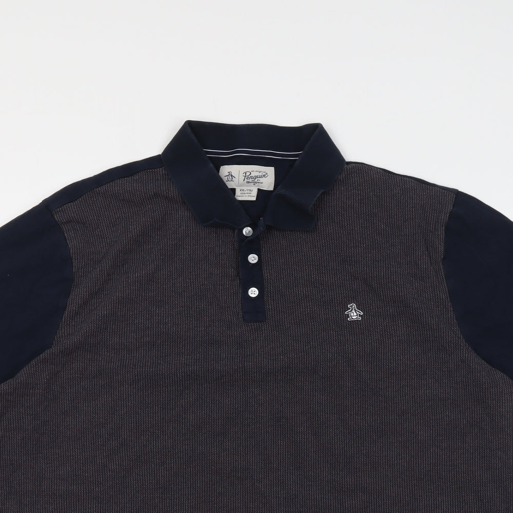 Penguin Mens Blue Colourblock Cotton Polo Size 2XL Collared Button