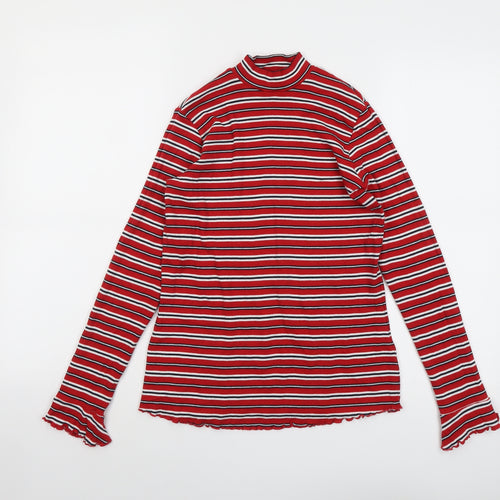 Marks and Spencer Womens Red Striped Cotton Basic T-Shirt Size 14 Mock Neck
