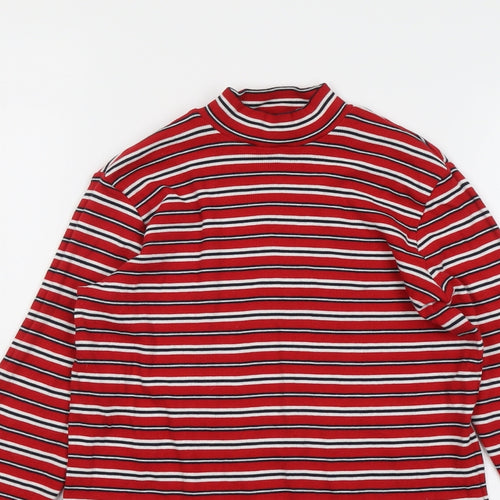 Marks and Spencer Womens Red Striped Cotton Basic T-Shirt Size 14 Mock Neck