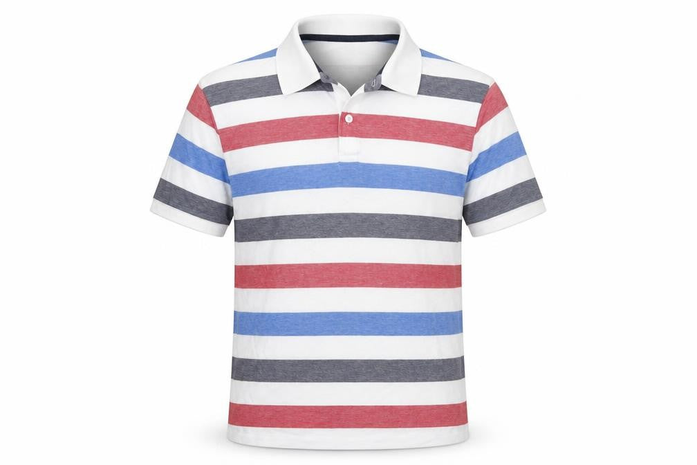Front view of Sand Stone women’s multicoloured striped cotton basic polo, size L, collared