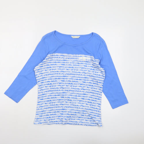 BHS Womens Blue Striped Cotton Basic T-Shirt Size 14 Boat Neck