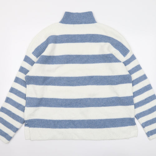 Marks and Spencer Womens Blue High Neck Striped Polyester Pullover Jumper Size XL