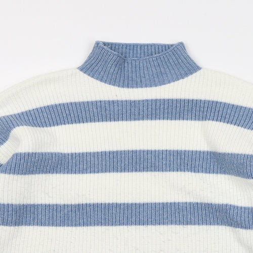 Marks and Spencer Womens Blue High Neck Striped Polyester Pullover Jumper Size XL