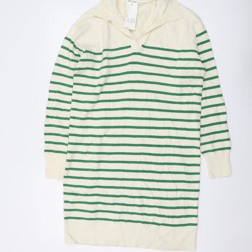 Uniqlo Womens Ivory Striped Cotton Jacket Dress Size S Collared Pullover