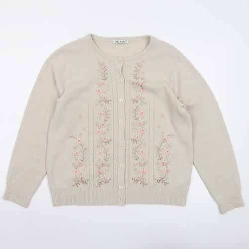 Berkertex Womens Beige Round Neck Acrylic Cardigan Jumper Size 14 - Flower Detail