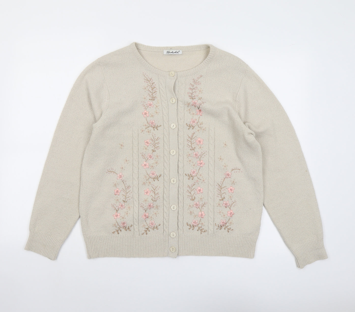 Berkertex Womens Beige Round Neck Acrylic Cardigan Jumper Size 14 - Flower Detail