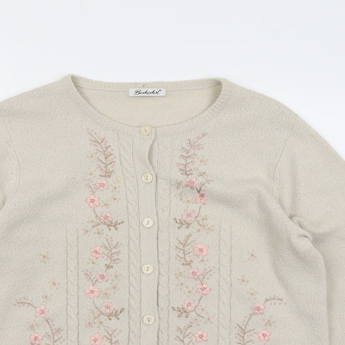 Berkertex Womens Beige Round Neck Acrylic Cardigan Jumper Size 14 - Flower Detail