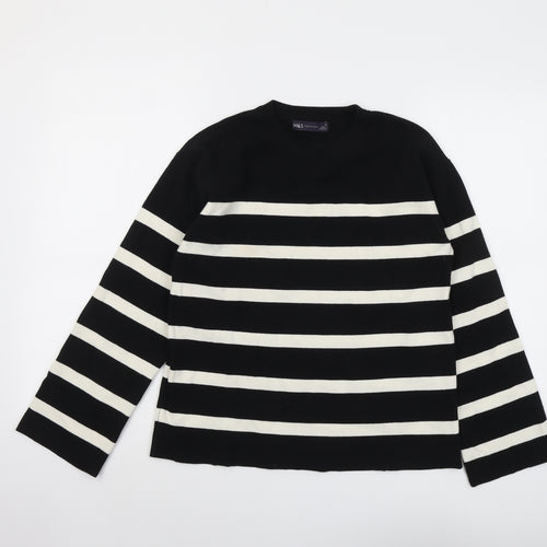 Marks and Spencer Womens Black Round Neck Striped Cotton Pullover Jumper Size M