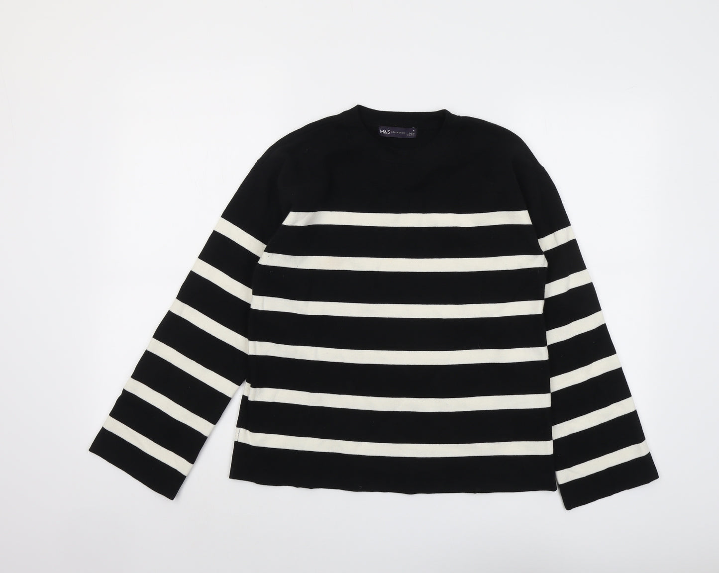 Marks and Spencer Womens Black Round Neck Striped Cotton Pullover Jumper Size M