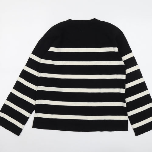 Marks and Spencer Womens Black Round Neck Striped Cotton Pullover Jumper Size M